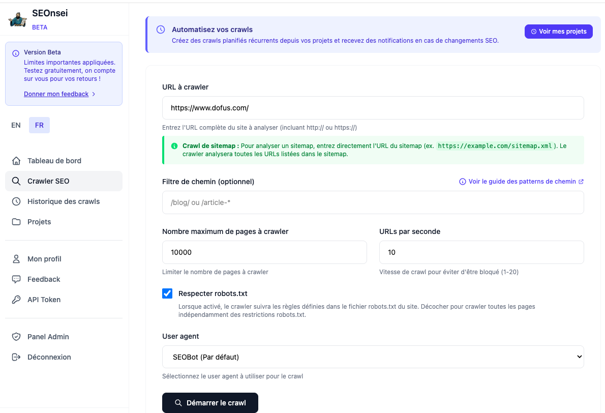 SEOnsei crawler interface
